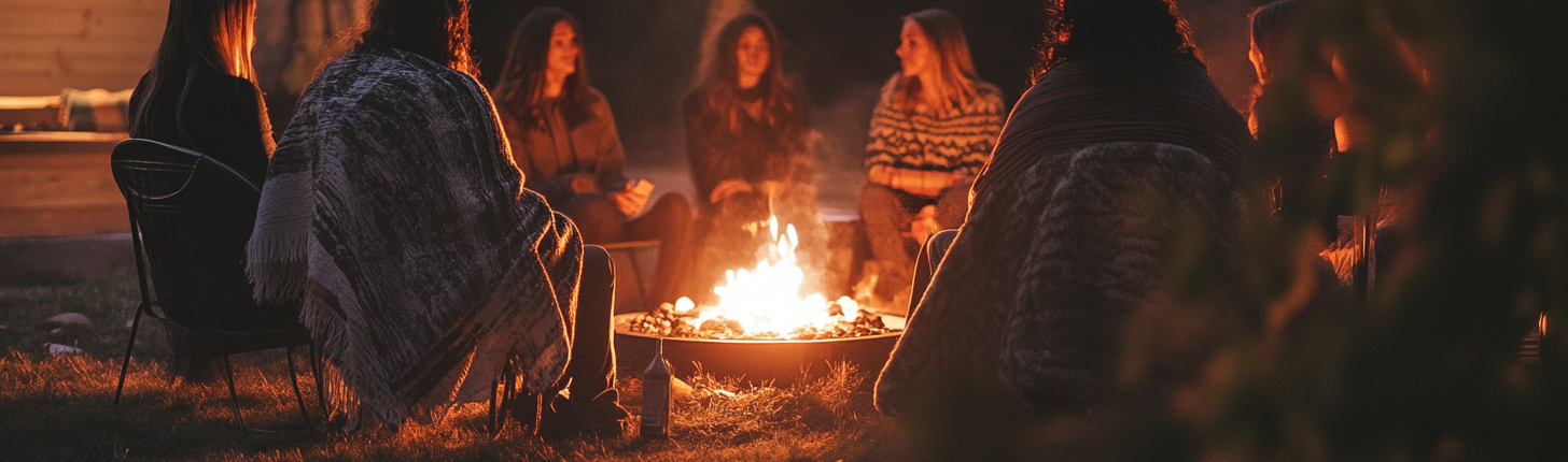 Group of women sitting quietly around a glowing campfire in nature, wrapped in blankets, sharing warmth and stillness under the evening sky.