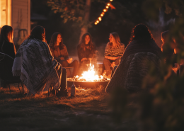 Group of women sitting quietly around a glowing campfire in nature, wrapped in blankets, sharing warmth and stillness under the evening sky.
