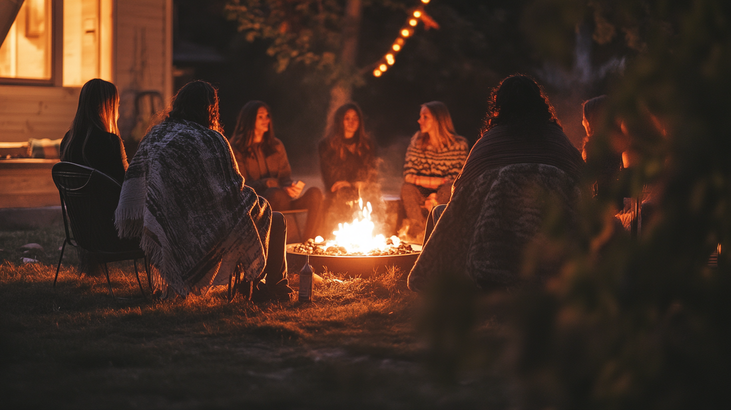 team.tmg_A_soft-lit_image_of_women_sitting_in_quiet_around_a__530e5621-012b-4bdf-89c7-27dd34ef962a_1 Group of women sitting quietly around a glowing campfire in nature, wrapped in blankets, sharing warmth and stillness under the evening sky.